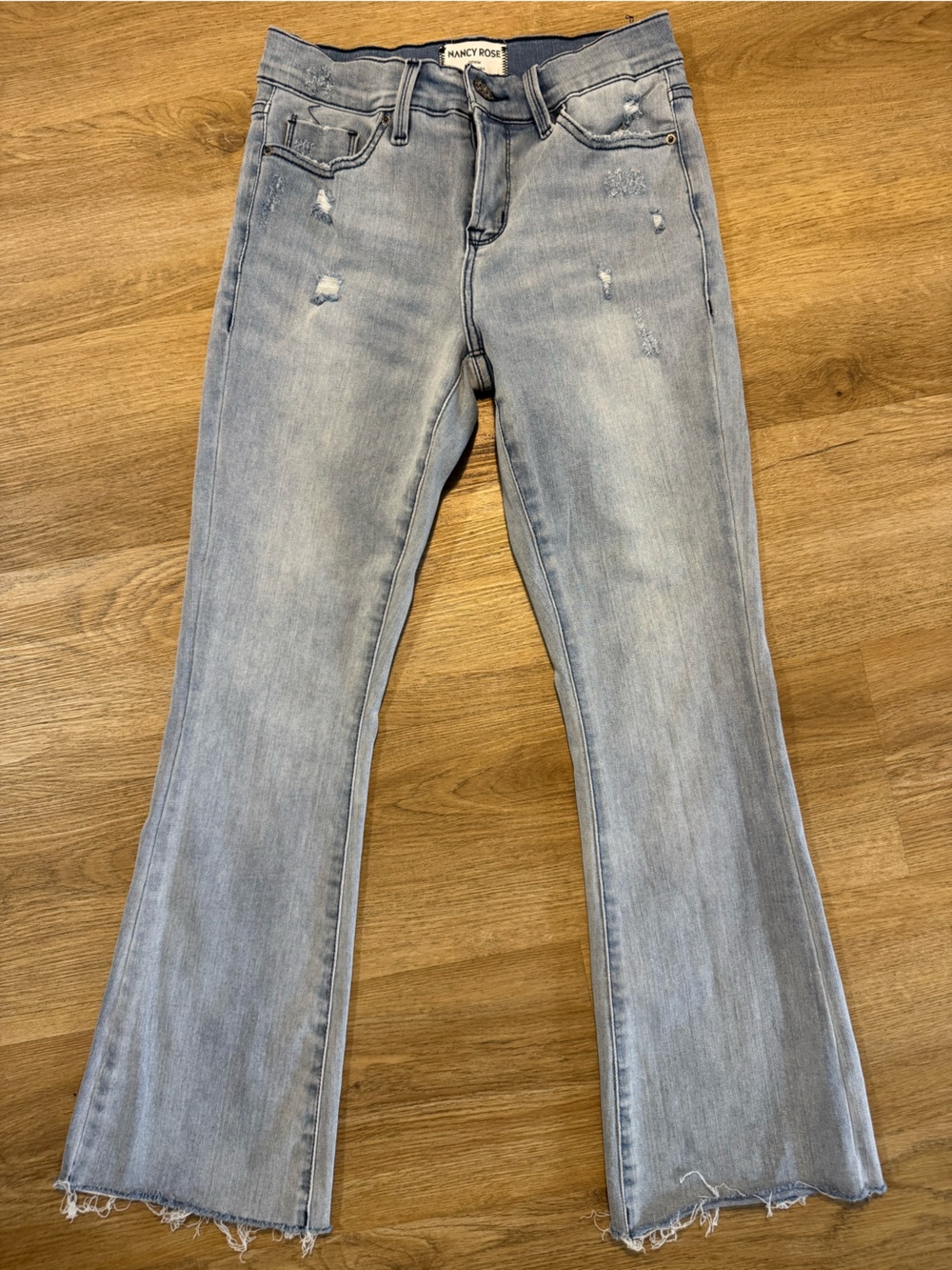 Nancy Rose Performance Light Blue Distressed Flare Jeans Size 27